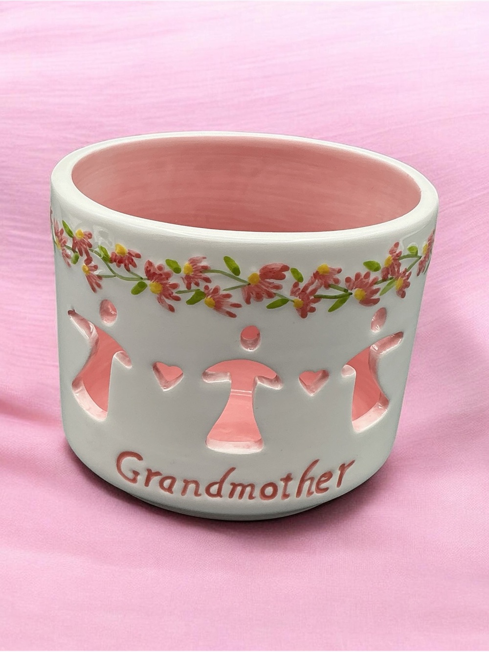 Grandmother Floral Ceramic candle holder - Pink & White